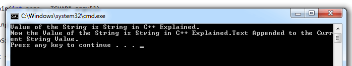 Console Output of the string sample code in c++